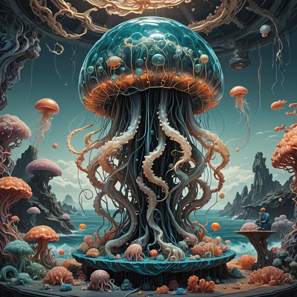 Psychedelic Jellyfish Sculpture with Sea Sheep