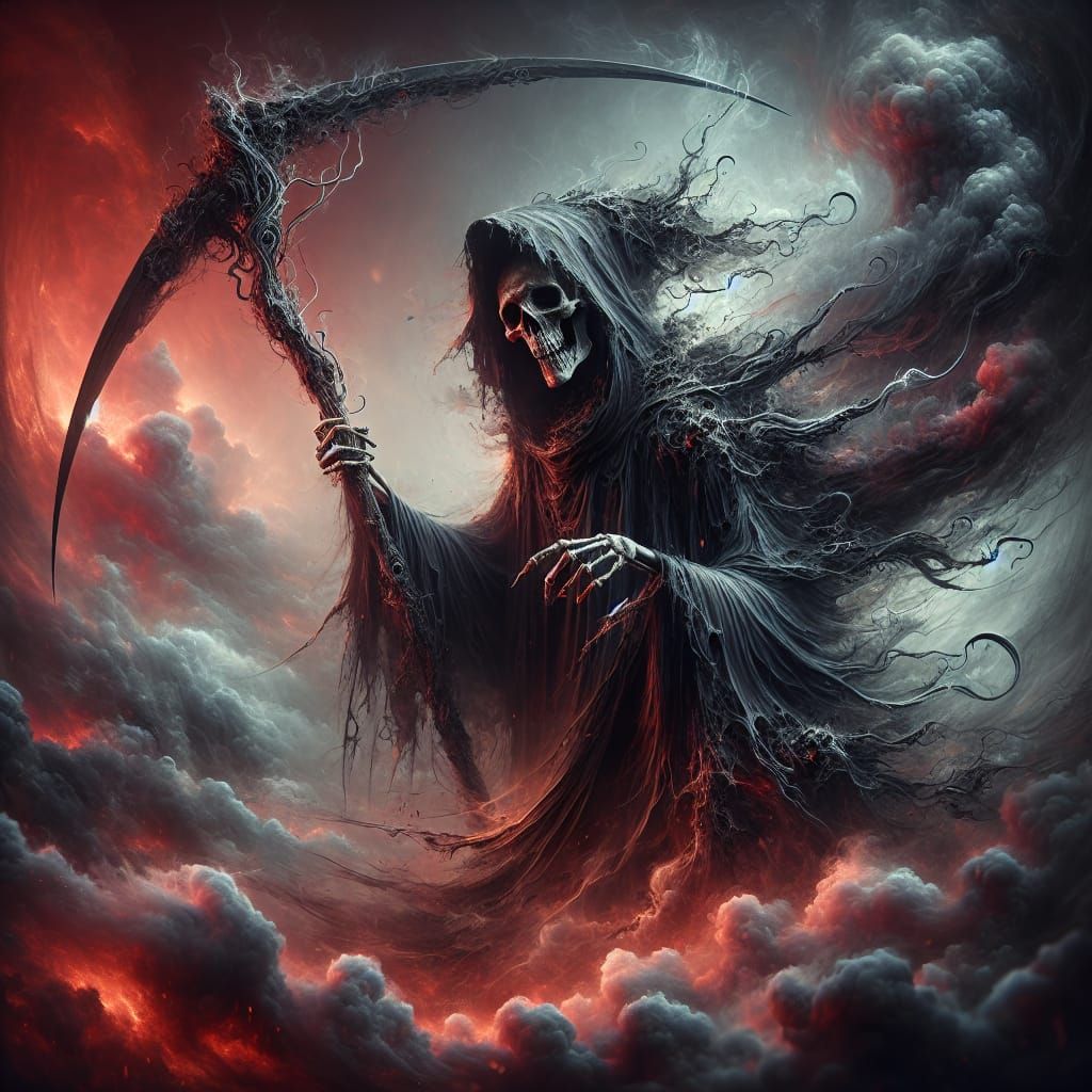 Dramatic Grim Reaper in Apocalyptic Landscape
