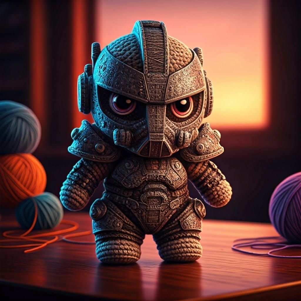 Chibi Warrior Plushy Stands Proud in Cozy Sunset Scene