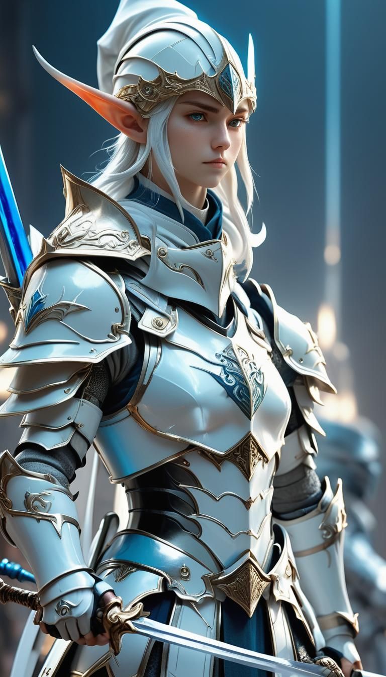 Elf Warrior in White Armor: Heroic Anime Art
