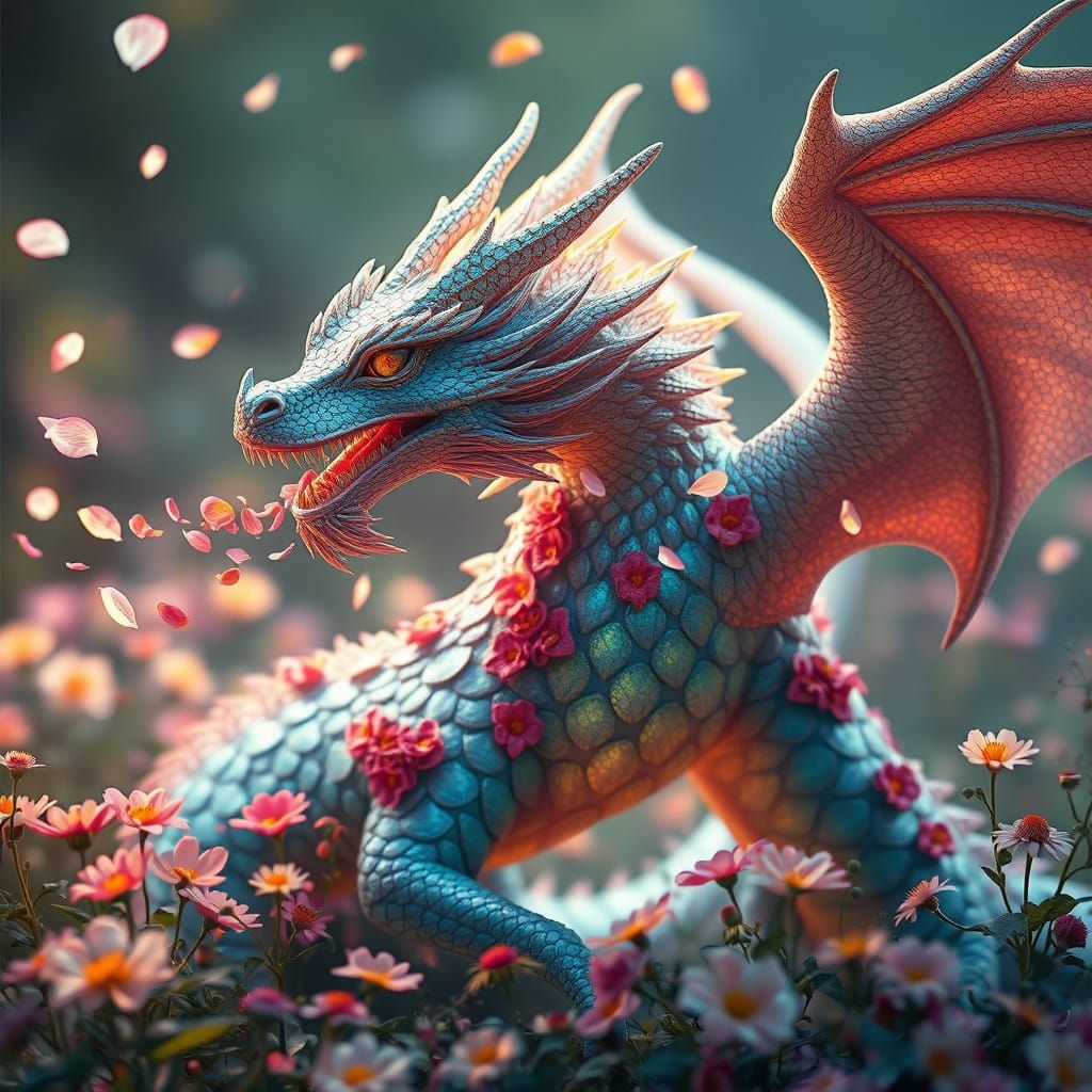 Dragon with Iridescent Scales and Vibrant Wildflowers
