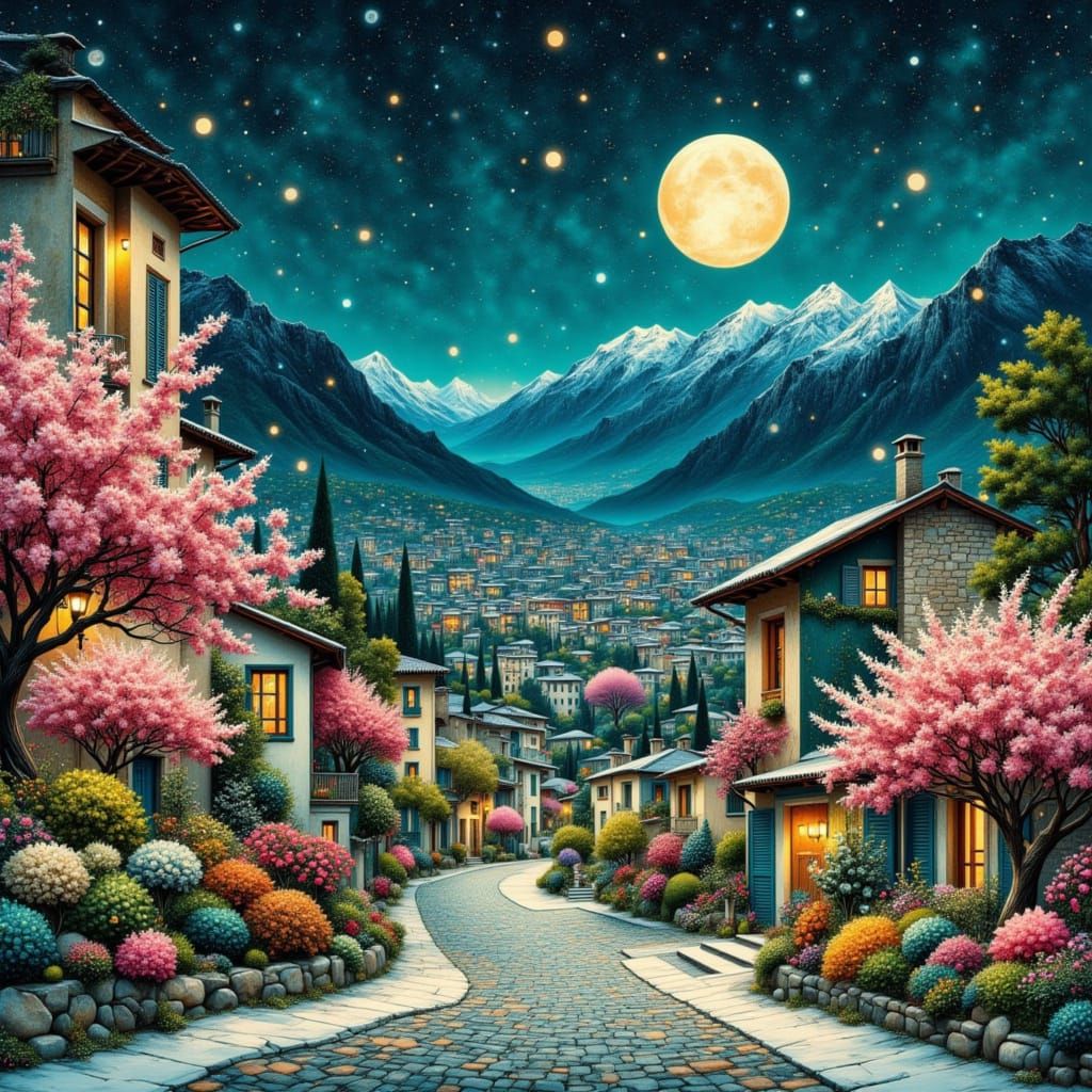 Art Deco Italian Cityscape at Night with Cherry Blossoms