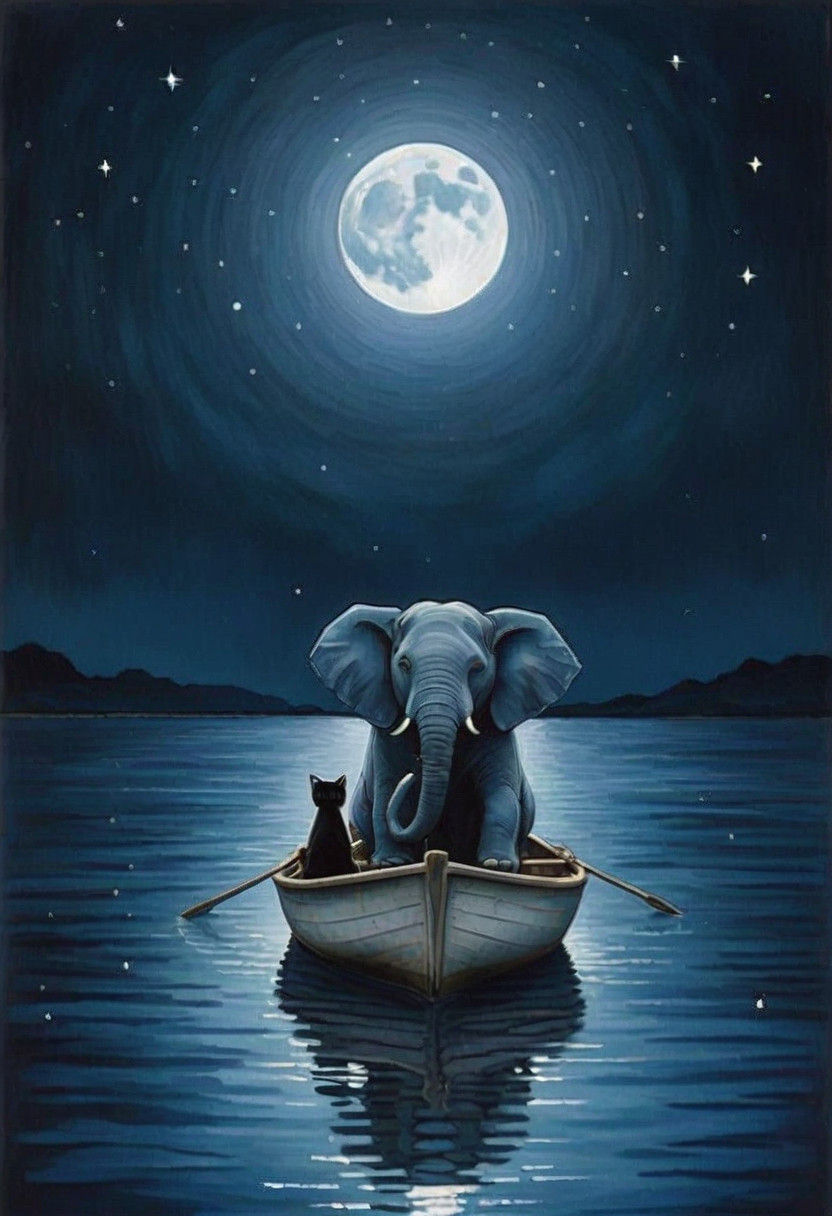 Peaceful Scene: Cat and Elephant Gaze at Full Moon