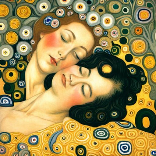 Lovers Under Olive Tree in Golden Art Nouveau Style