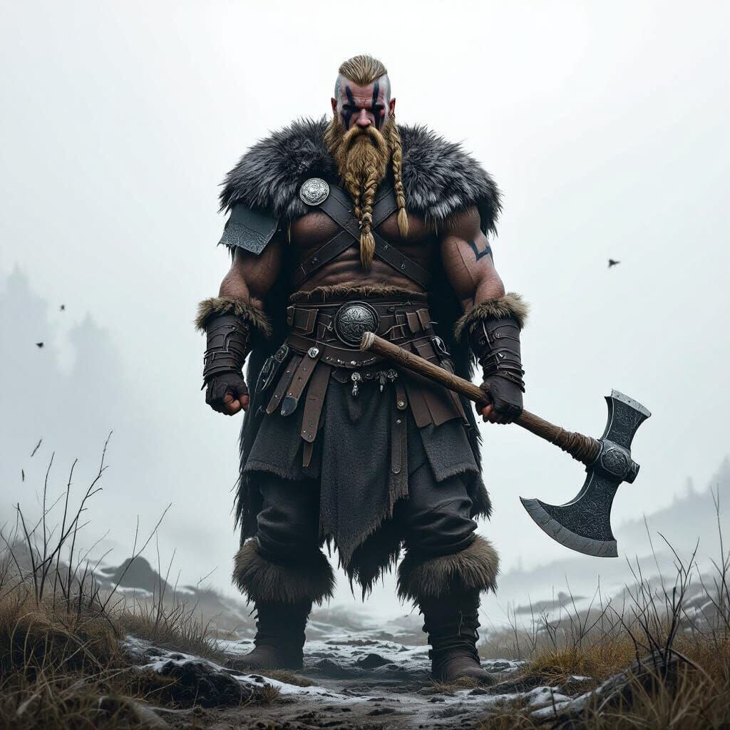 Nordic Viking Warrior in Misty Wilderness