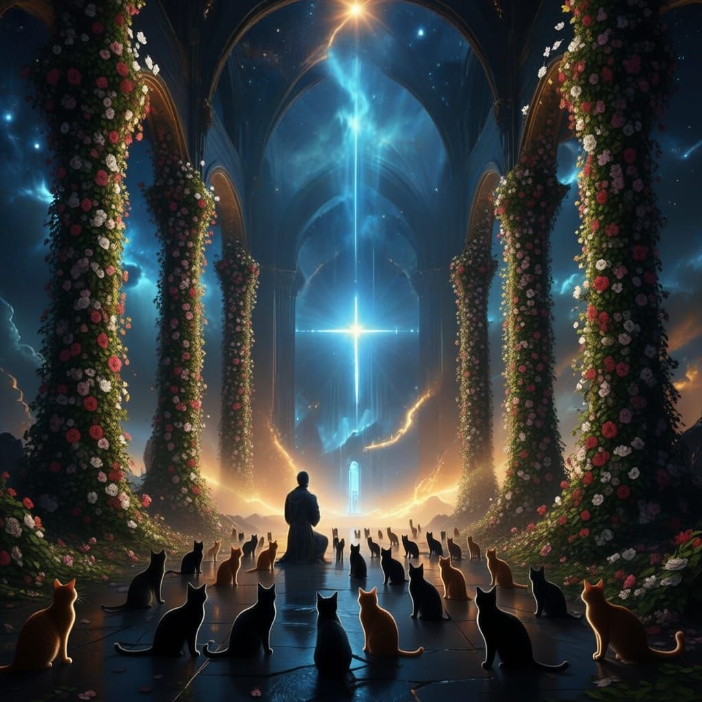 Man Surrounded by Cats and Flowering Vines