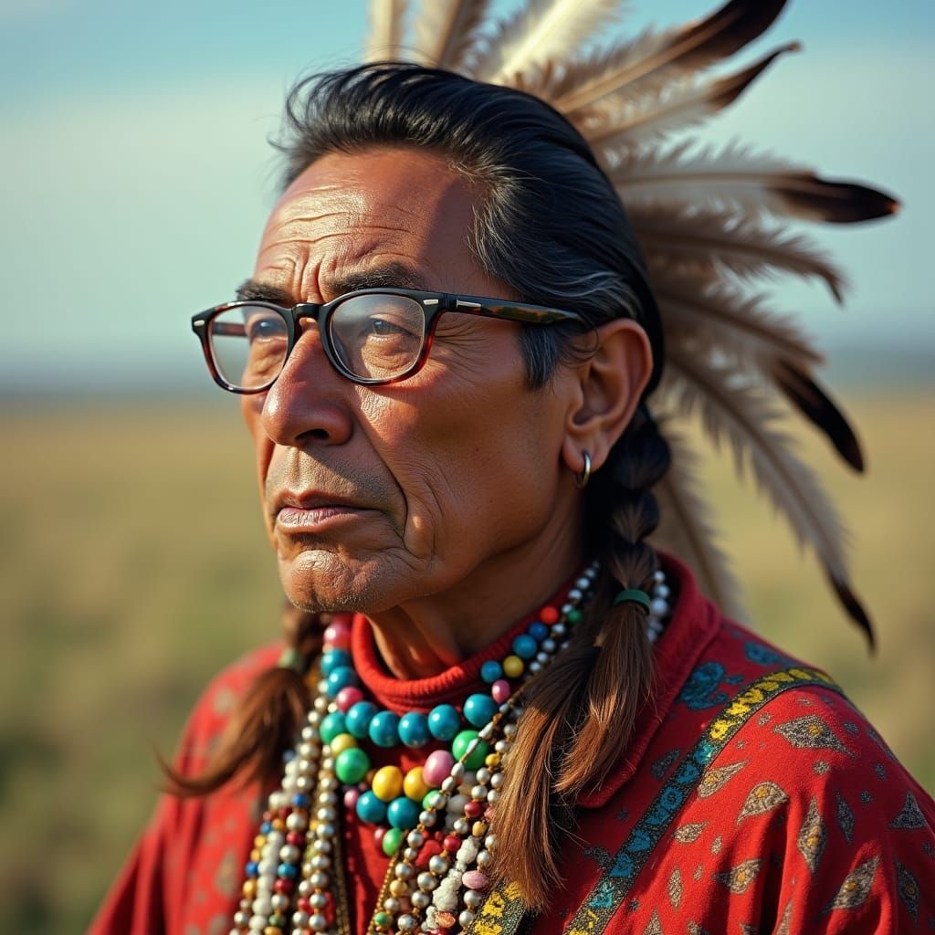 Native American Man with Buttons and Glasses
