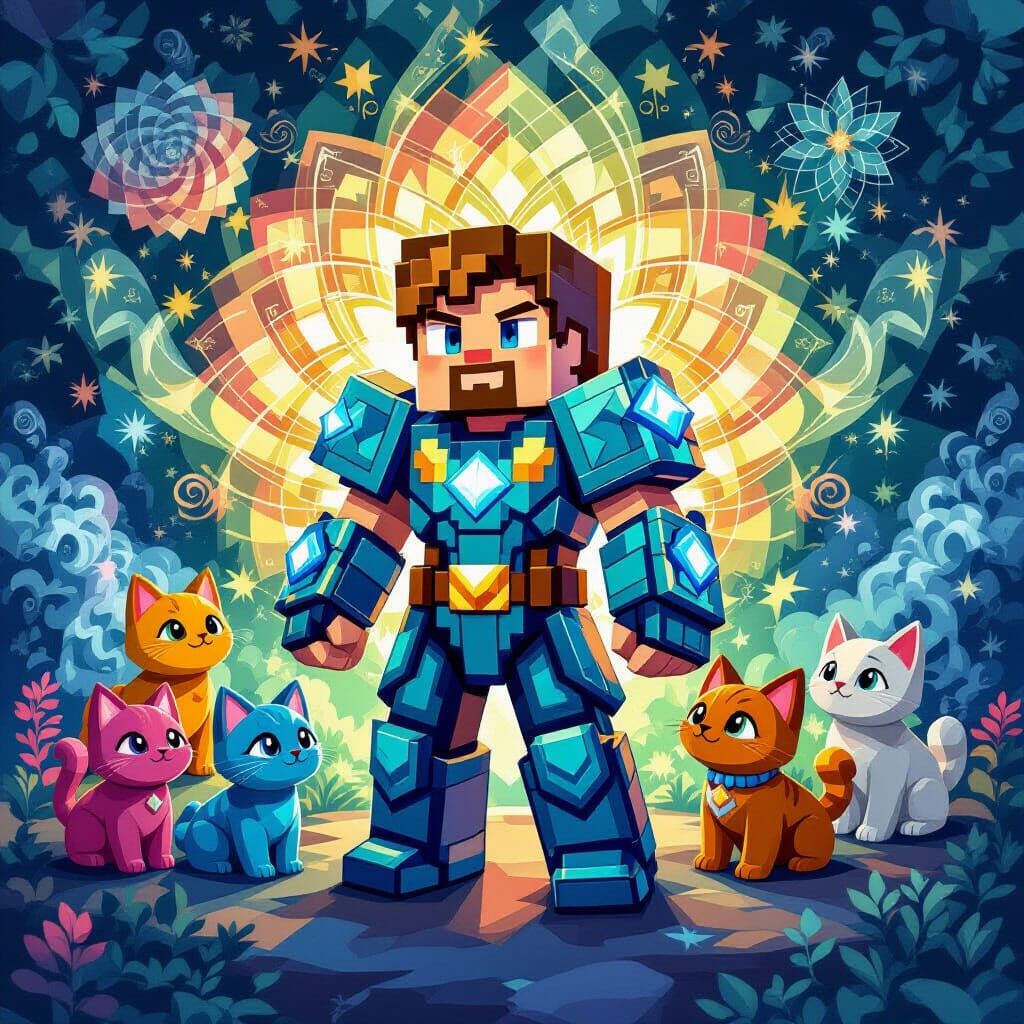 Minecraft Character Surrounded by Pets in Vector Art Style