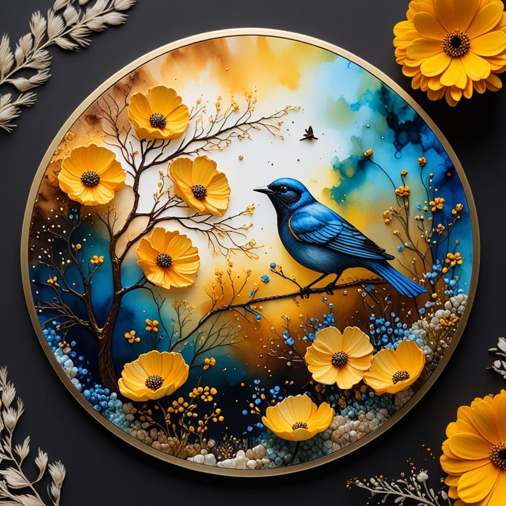 Alcohol Ink Art: Floral Circular Design with Bird