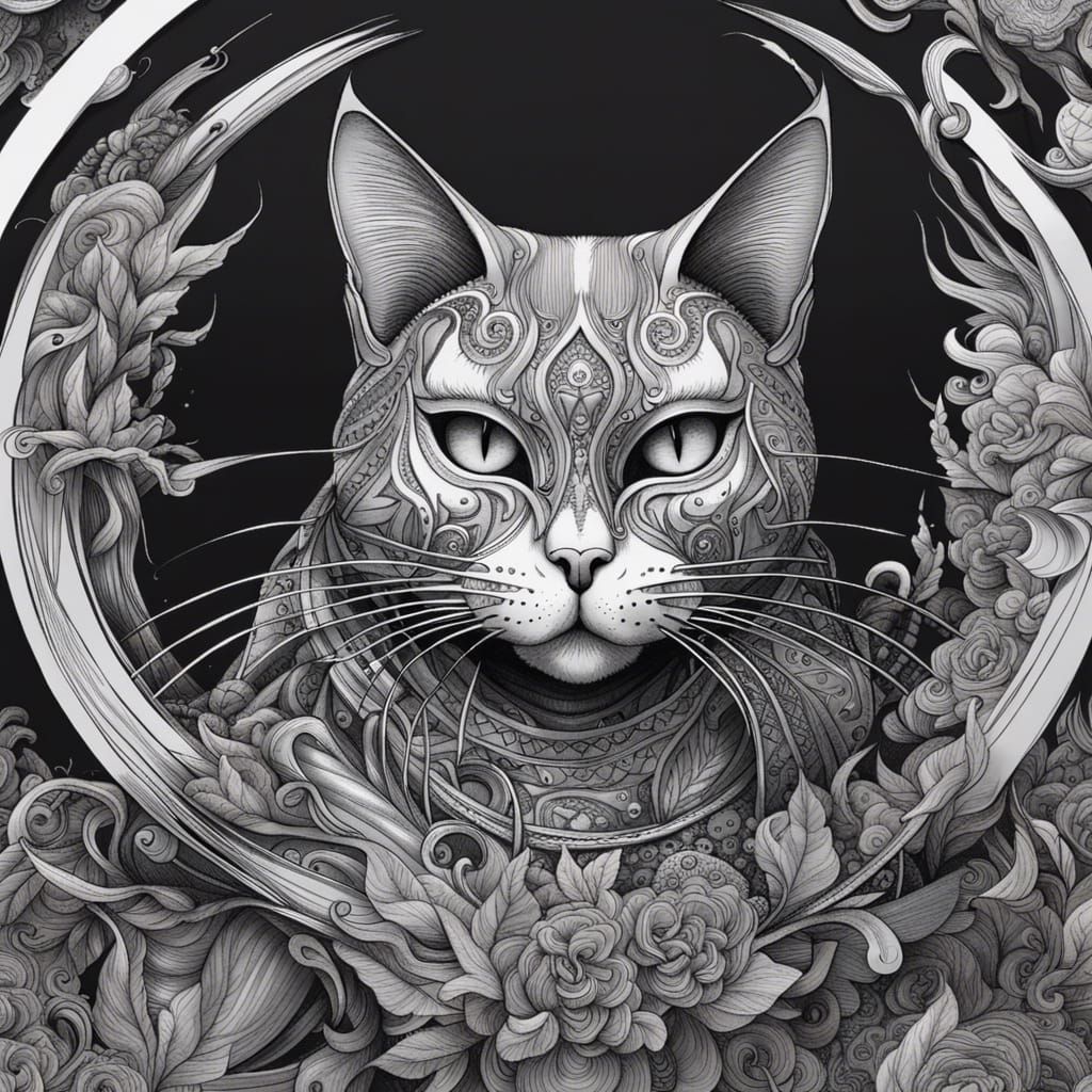 Intricate Monochrome Pen Sketch of a Cat