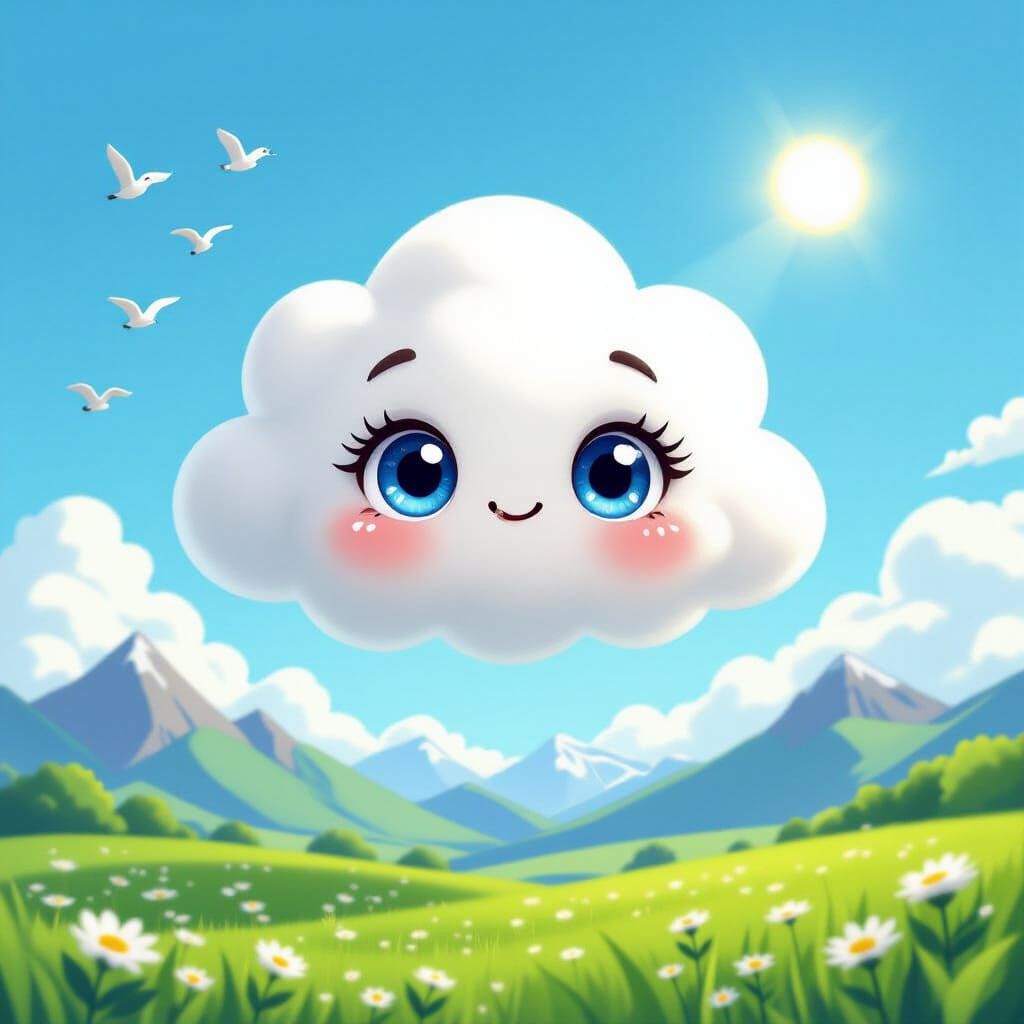 Cute Fluffy Cloud in Bright Sky Over Green Fields