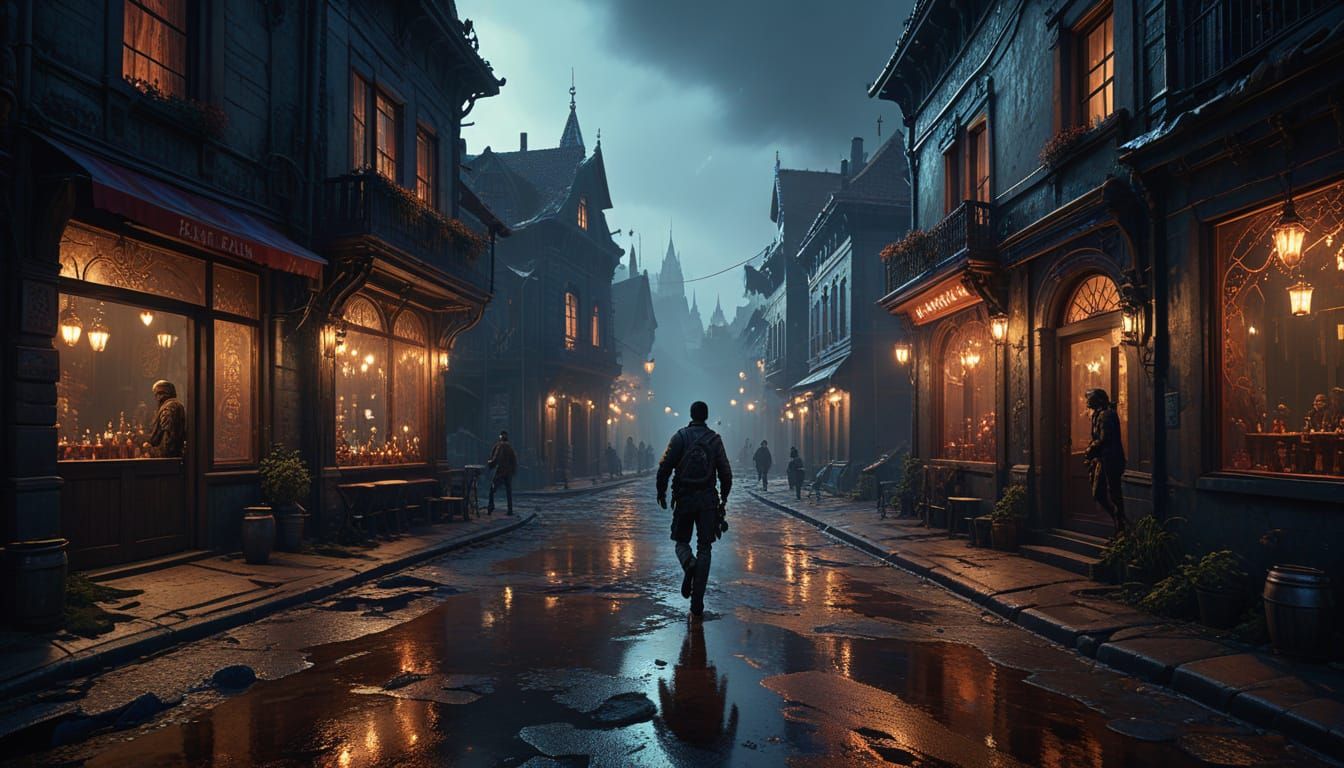 Small Town Horror Scene with Dynamic Lighting