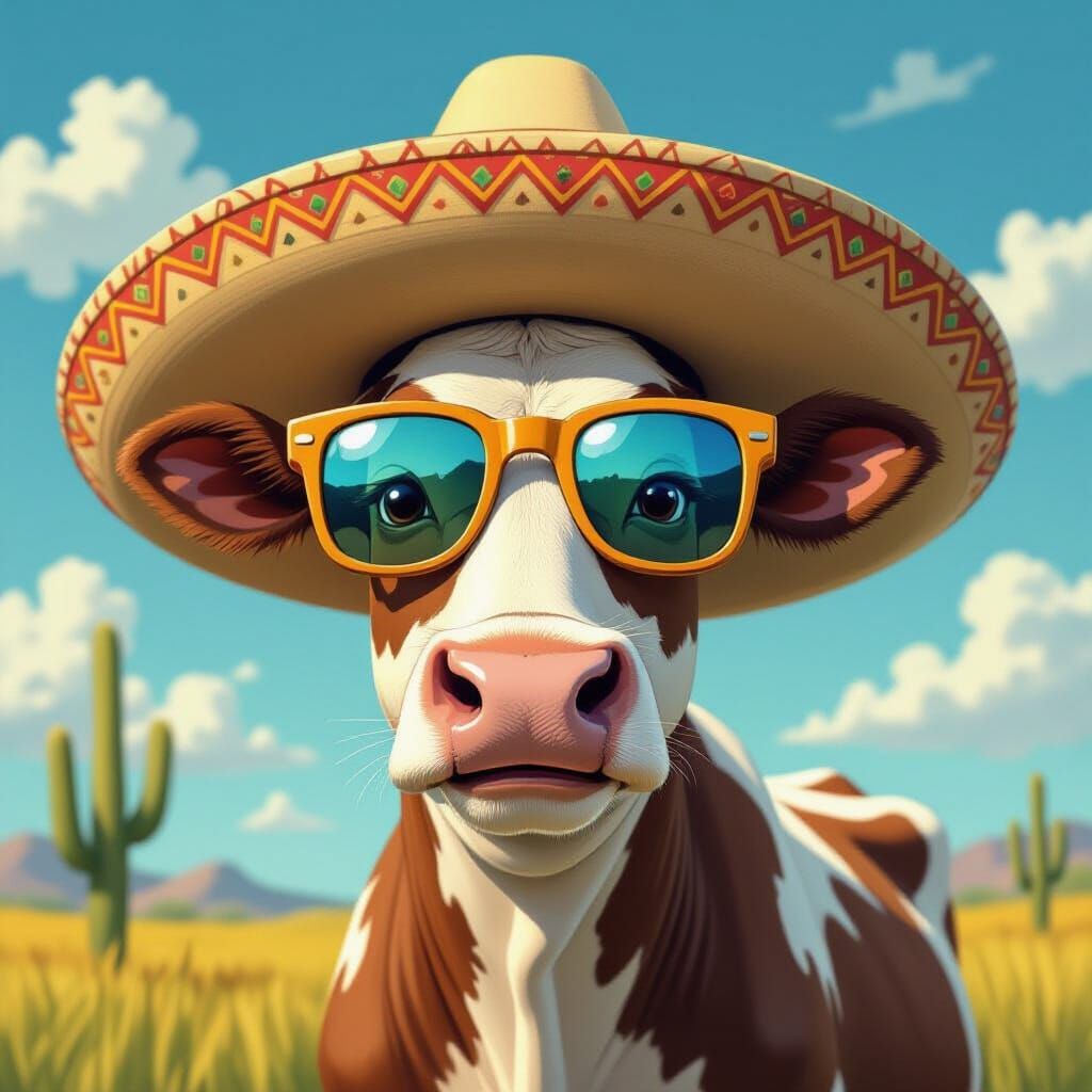 Joyful Cartoon Cow in Sombrero and Mexican Sunglasses
