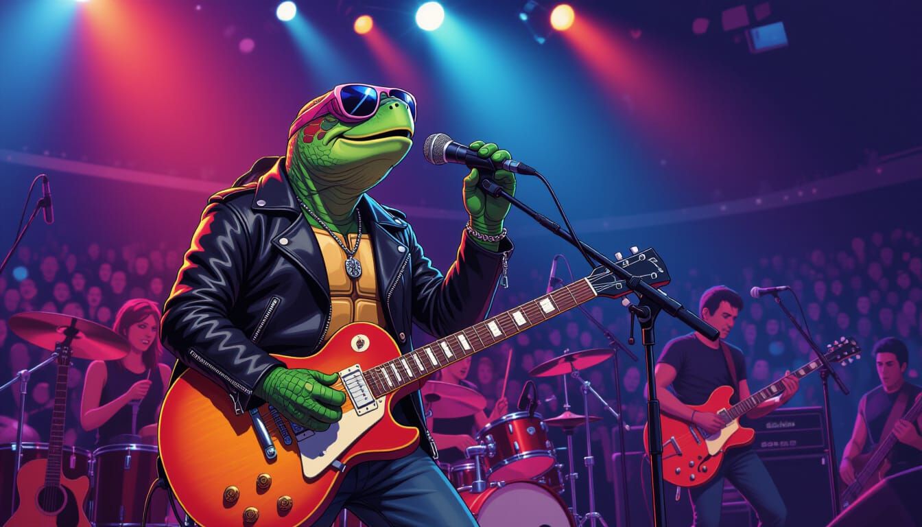 Rockstar Turtle Concert in Pop Surrealist Style