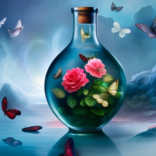 Roses in a Bottle with Butterflies: Fantasy Art