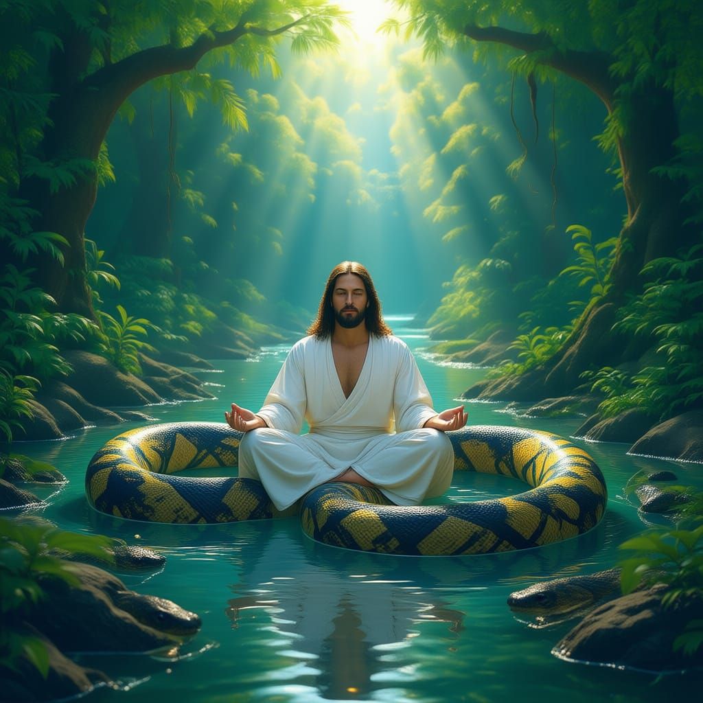 Yogi Master Embraces Serpent in Sunlit Forest