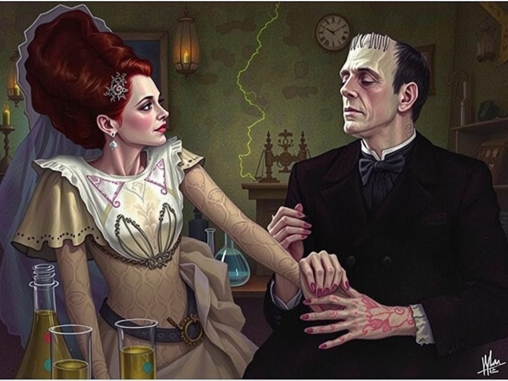 Frankenstein's Brides: A Surreal Kiss in the Lab
