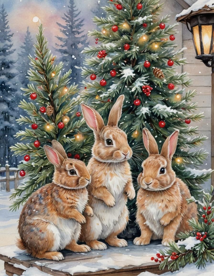 Bunnies by Snowy Christmas Tree, Watercolor Style