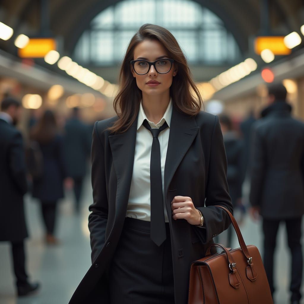 Stylish Woman in London Station Hyperrealistic Photo
