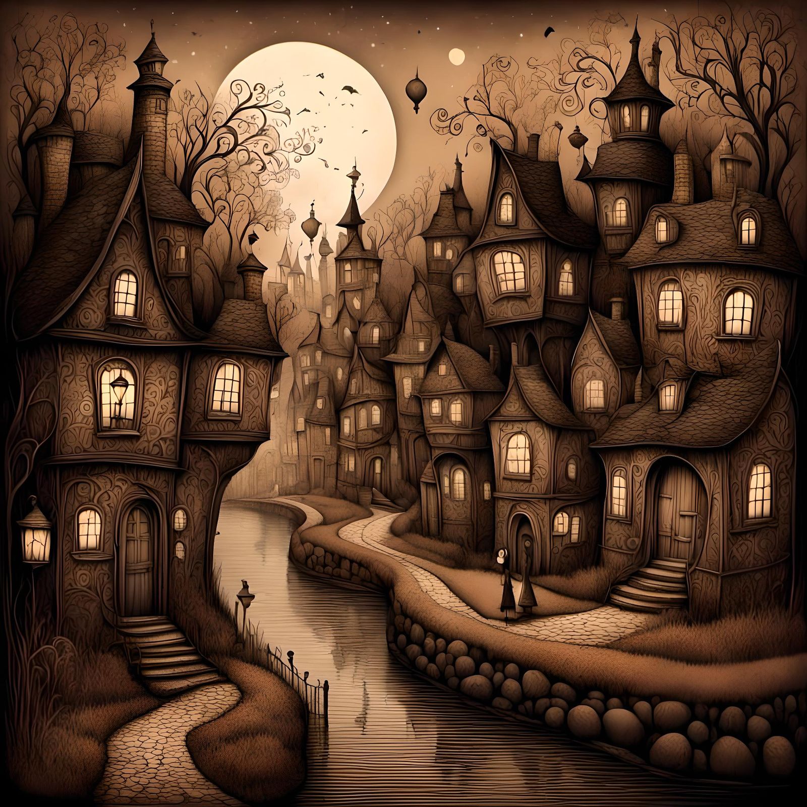 Enchanted Fairytale Village Illustration with Gothic Archite...