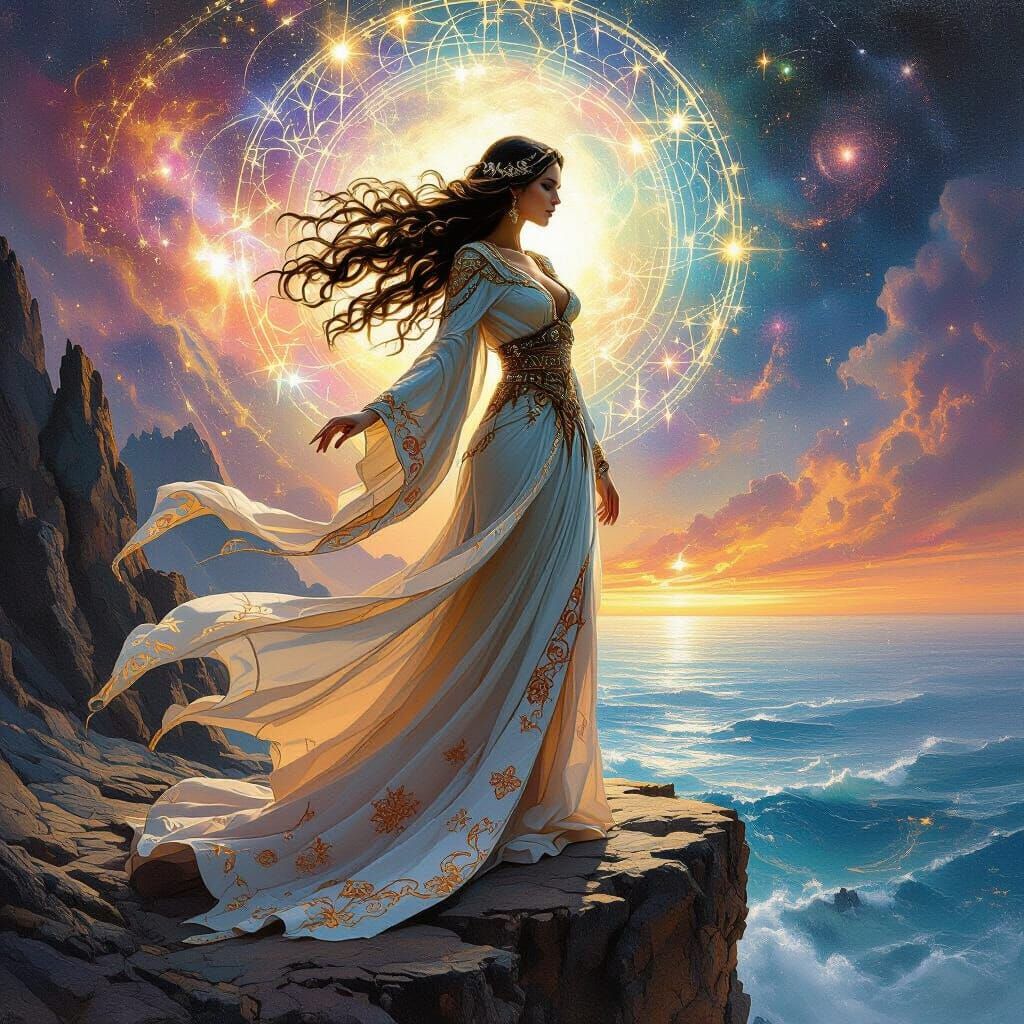 Sorceress Overlooking Cosmic Sea: Impasto Oil Painting