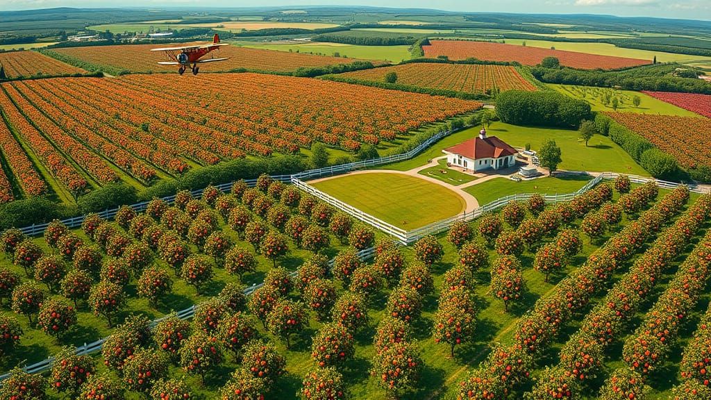 Apple Orchard Vista with Biplane in Gouache Style