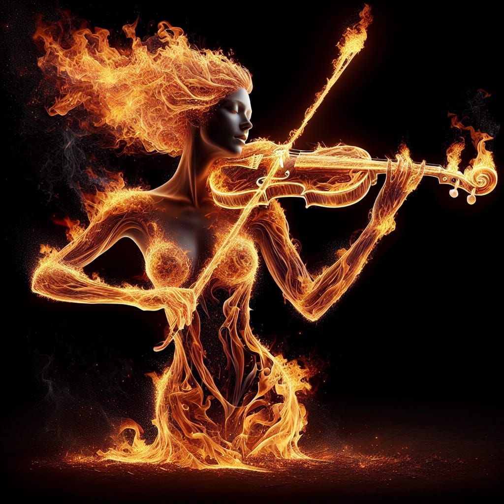 Ethereal Fire Woman Plays Violin of Flame