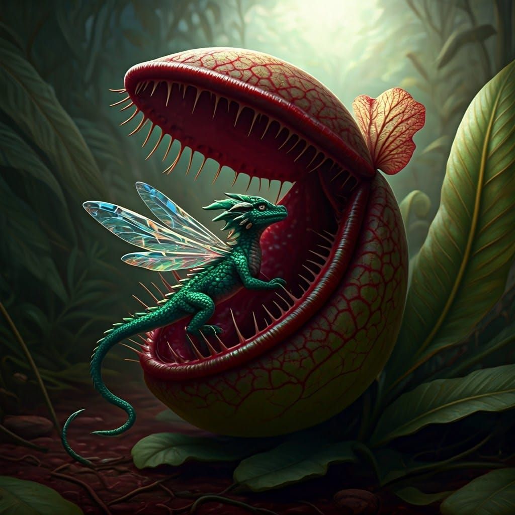 Dragonfly Dragon Trapped in Venus Flytrap, Pre-Raphaelite