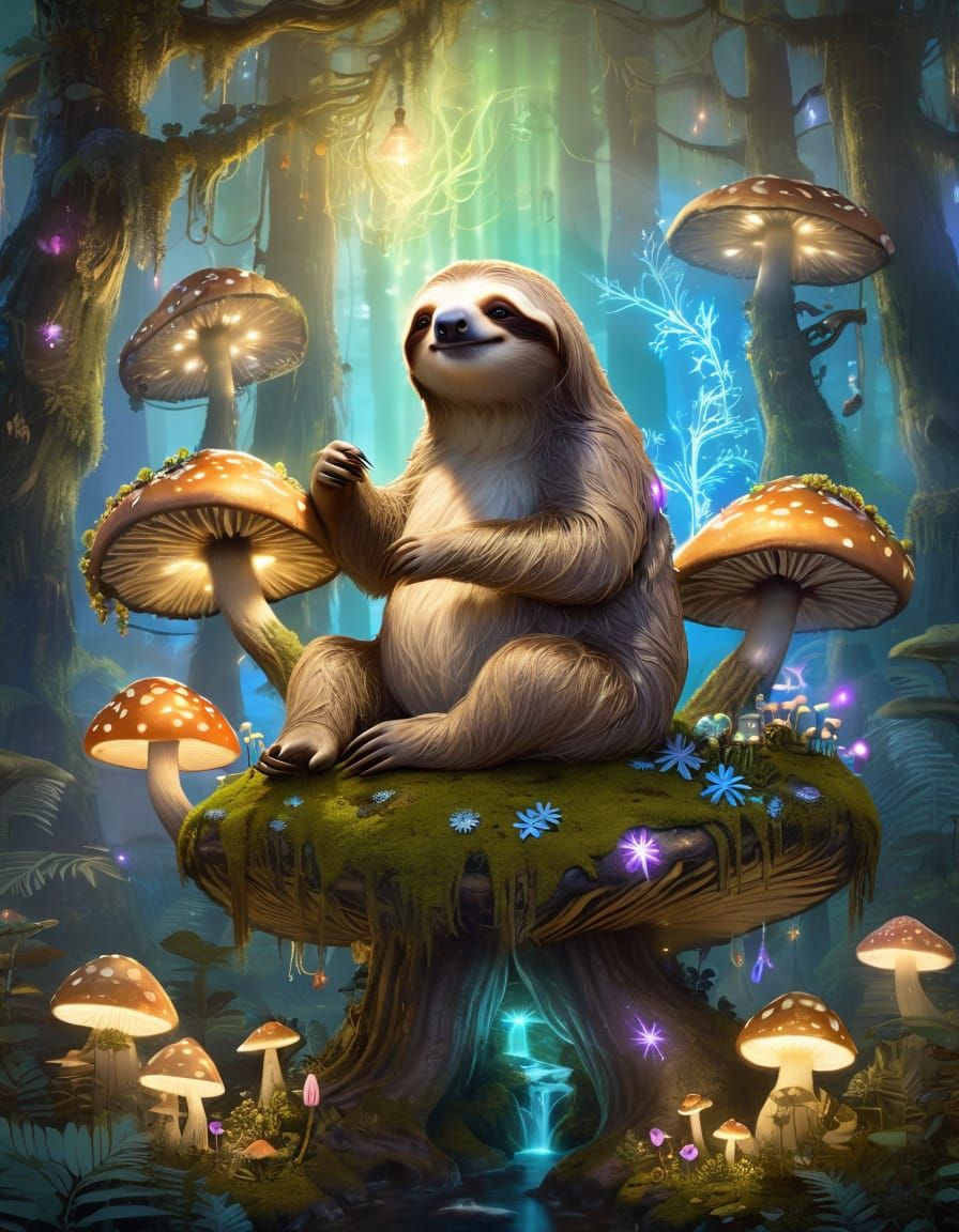 Ancient Sloth with Map on Giant Mushroom