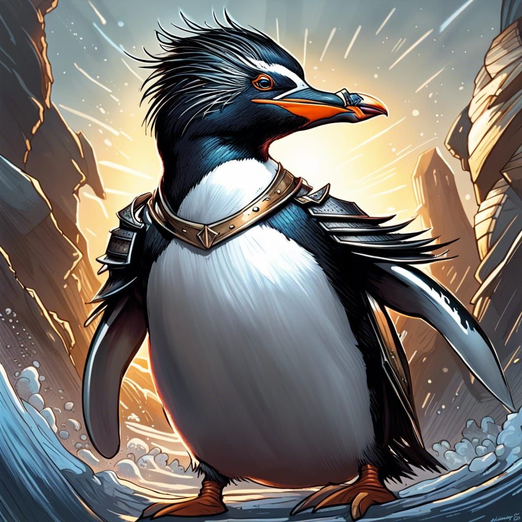 Armored Rockhopper Penguin in Comic Book Art