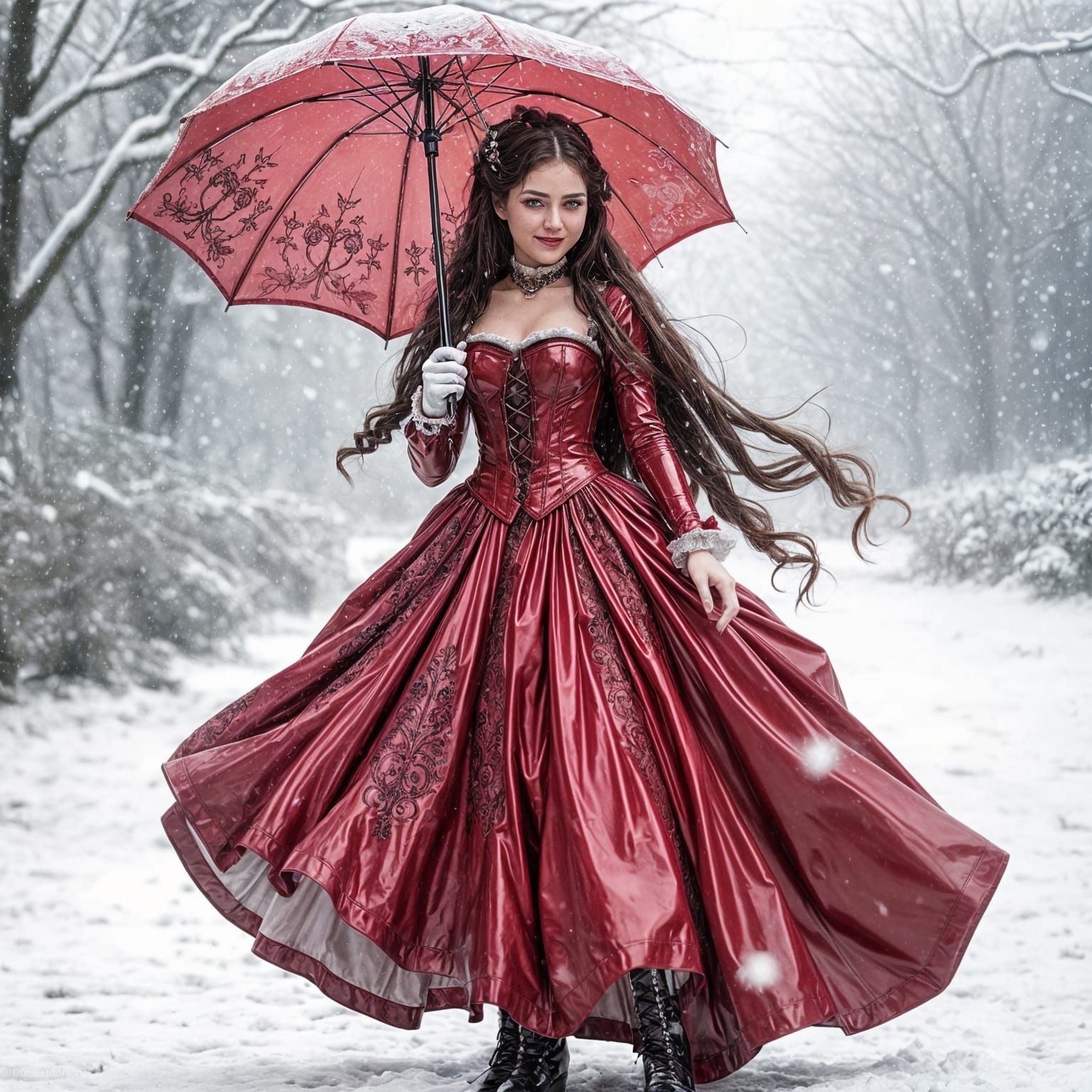 Victorian Woman in Shiny Latex Dress in Snow