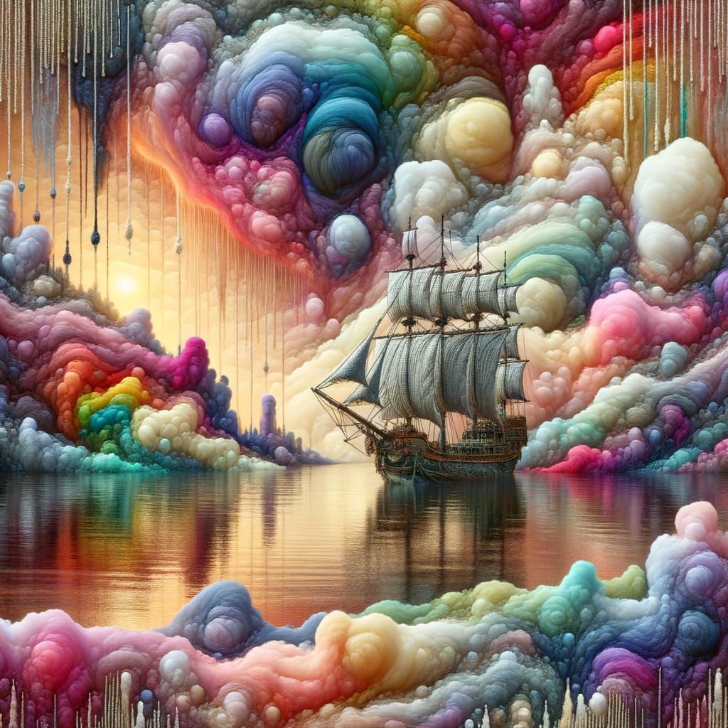 Ethereal Pirate Ship on Radiant Lake, Pastel Abstract Landsc...