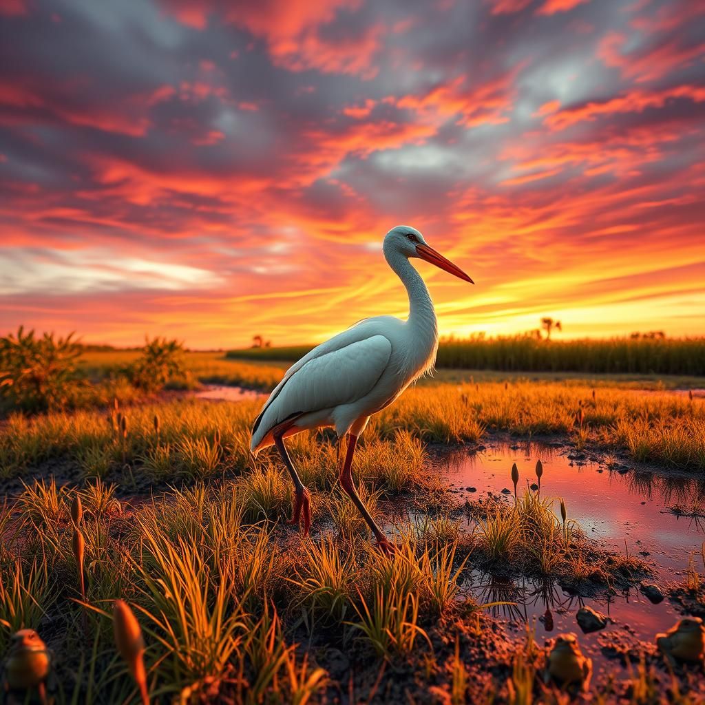 Majestic Stork in Marsh at Sunset: Hyperrealistic Photo