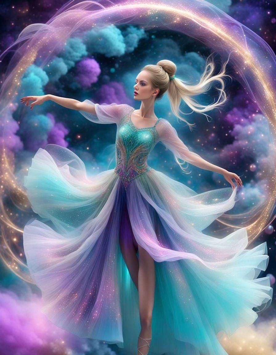 A very beautiful fractal dancer, dancing in a circle, long legs, long blonde hair in a bun, in a lush gown of long flowi...