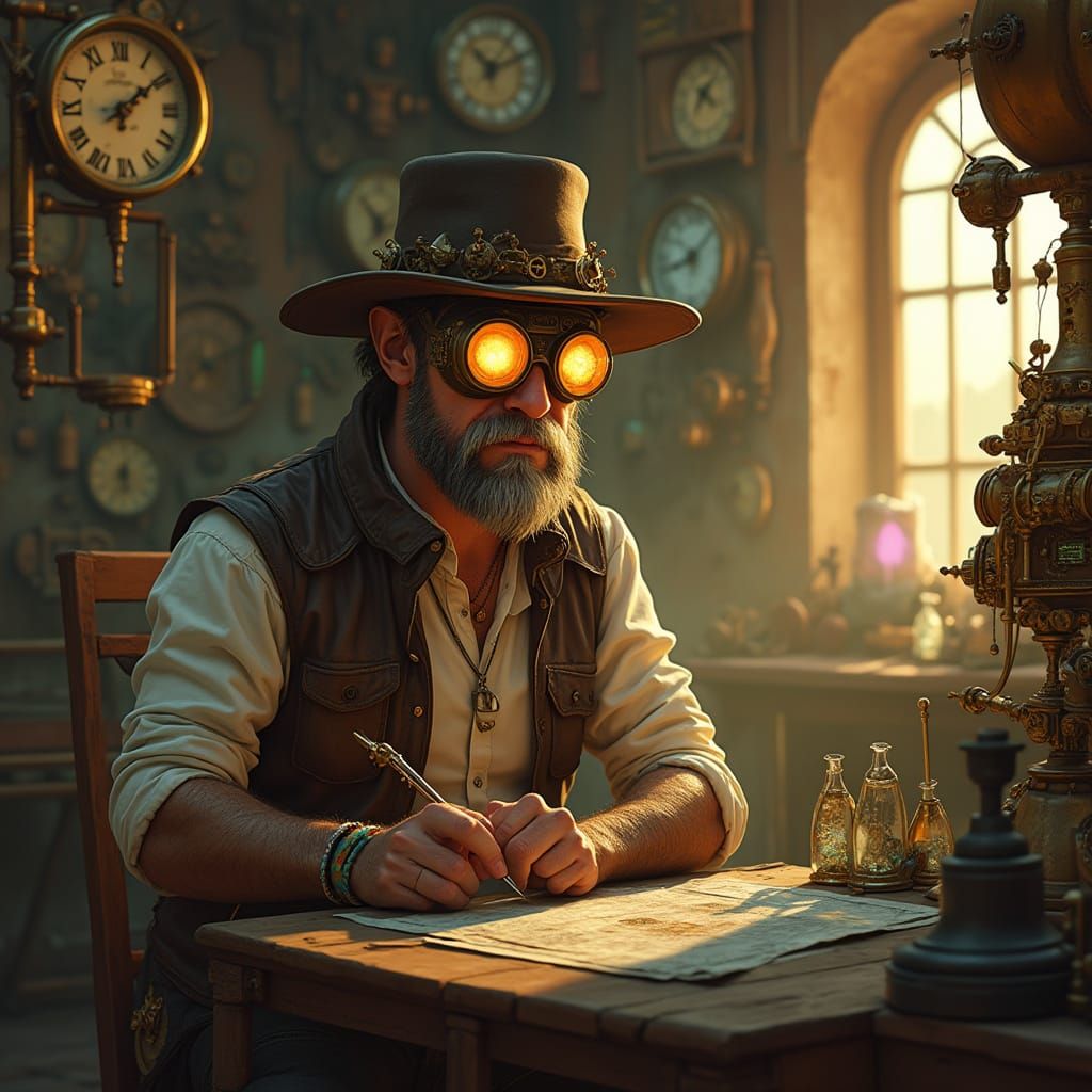 Steampunk Inventor's Workshop with Clockwork Automatons