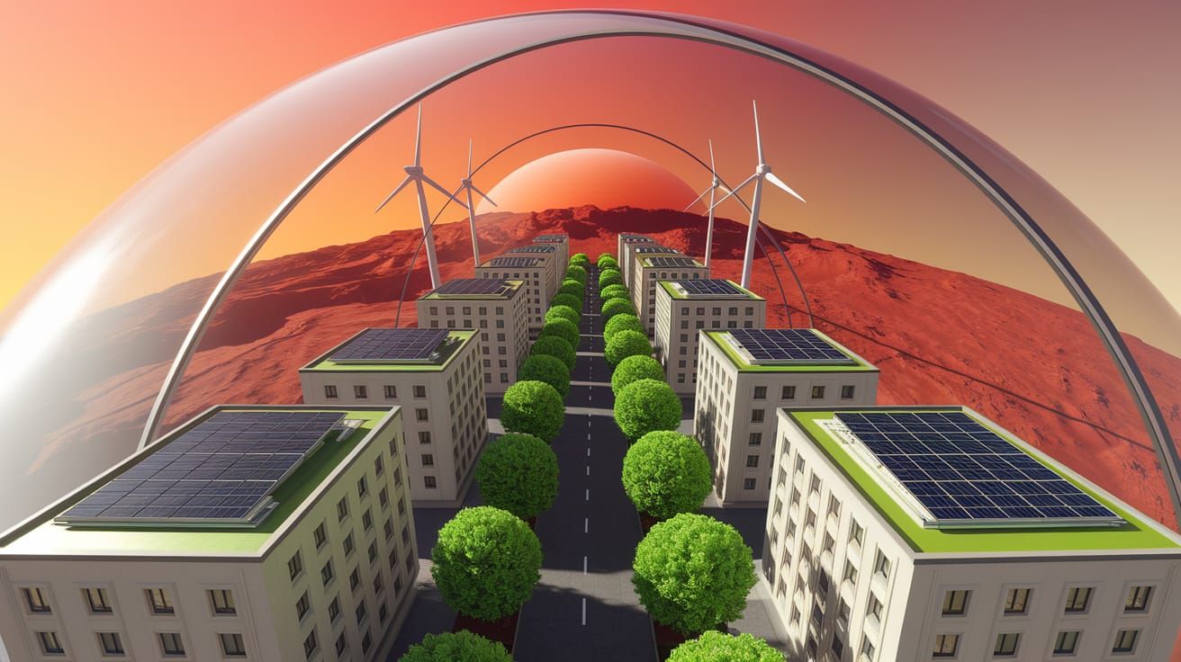 Spherical Martian City with Solar Panels and Lush Forest