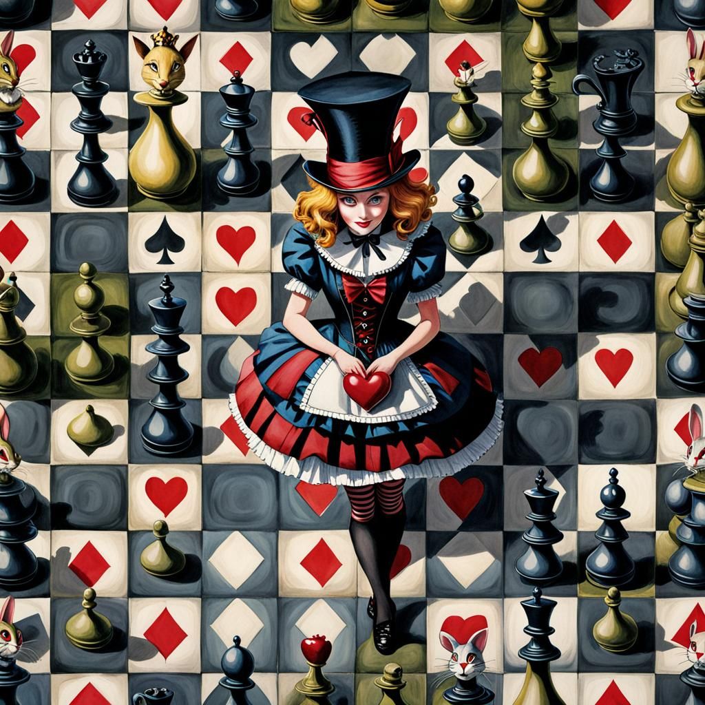 Alice in Wonderland on Chessboard, Gouache Watercolor Style