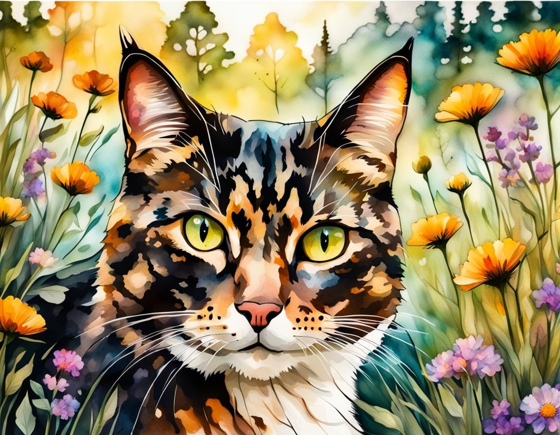 Detailed Cat Face in Alcohol Ink Style