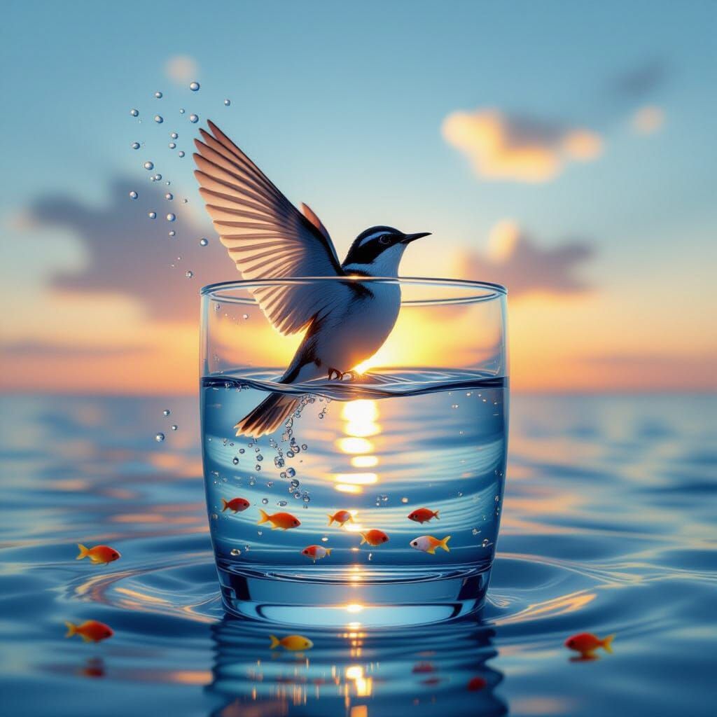 Transparent Bird Emerges from Glass in Watercolor Style