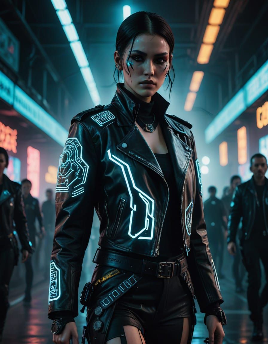 Cyberpunk Model Poses on Catwalk in Neon Fashion Show