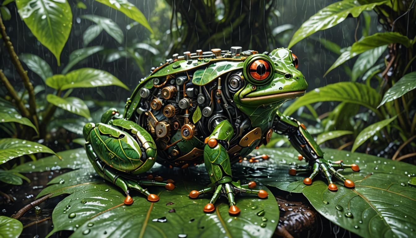 Mechanical Frog Discharging Energy in Rainforest: Hyperreali...
