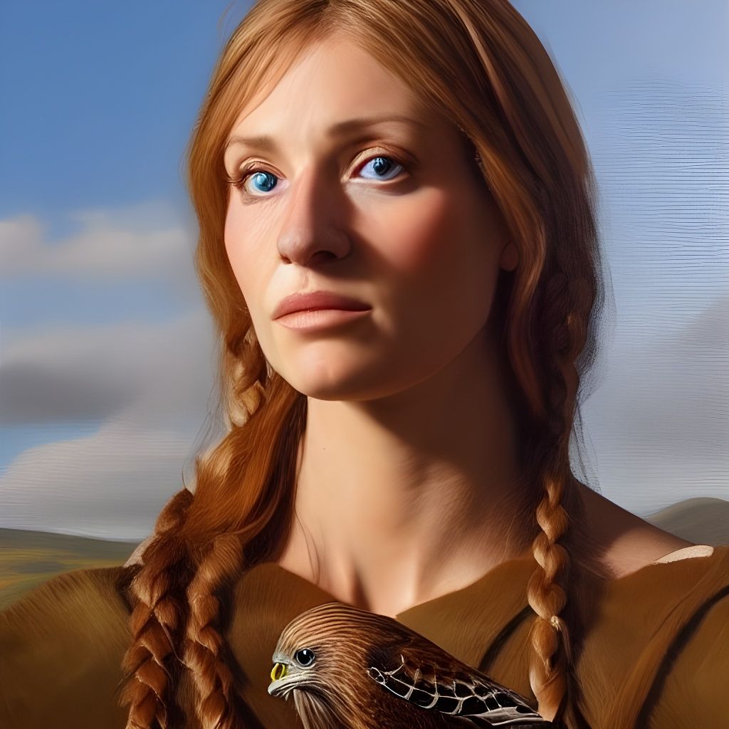 Cerridwen with Hawk: Realistic Oil Painting