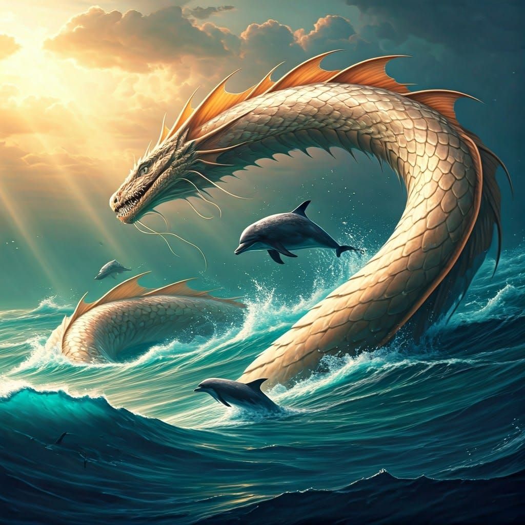 Majestic Sea Serpent with Dolphins in Art Nouveau Style