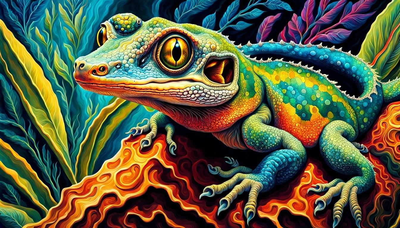 Psychedelic Gecko Crawls on Surreal Painting