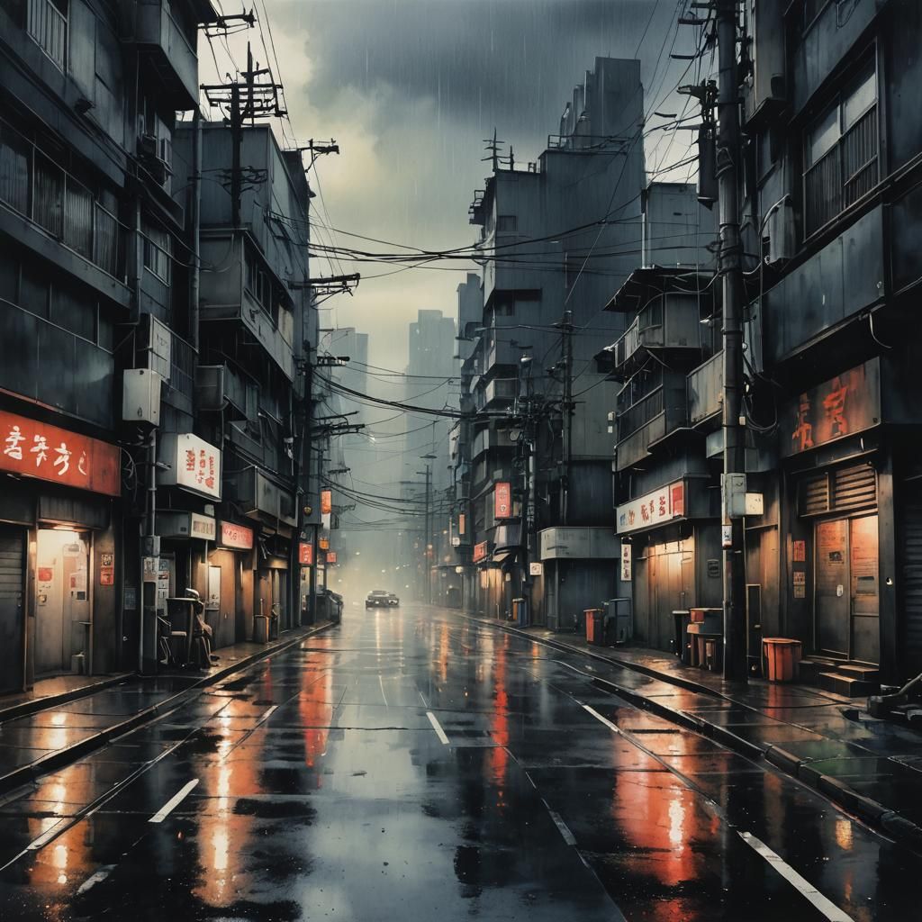 Post-Apocalyptic Tokyo Rain in Watercolor Style