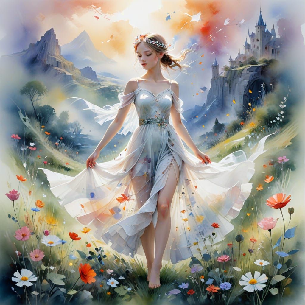 Fairy Princess in Dreamlike Landscape Watercolor Art