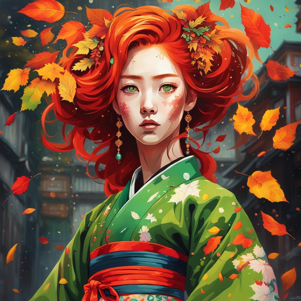 Girl in Hanbok with Autumn Leaves, Graffiti Art