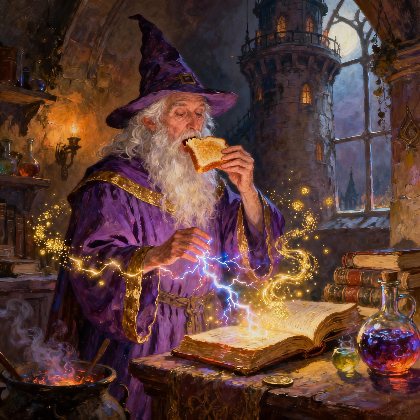 Wizard Conjures Magic While Eating Toast, Oil Painting Style