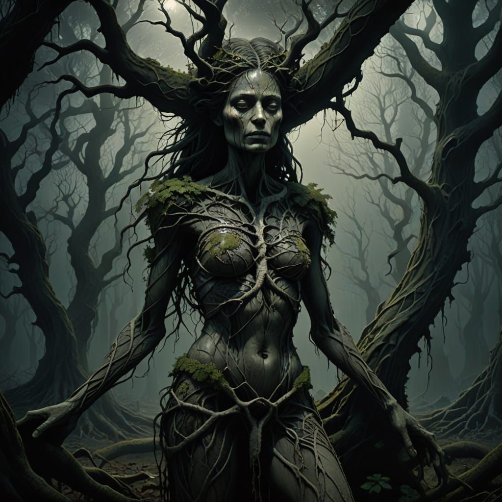 Dryad in Dark Forest: Surrealist Zdzisław Beksiński Style