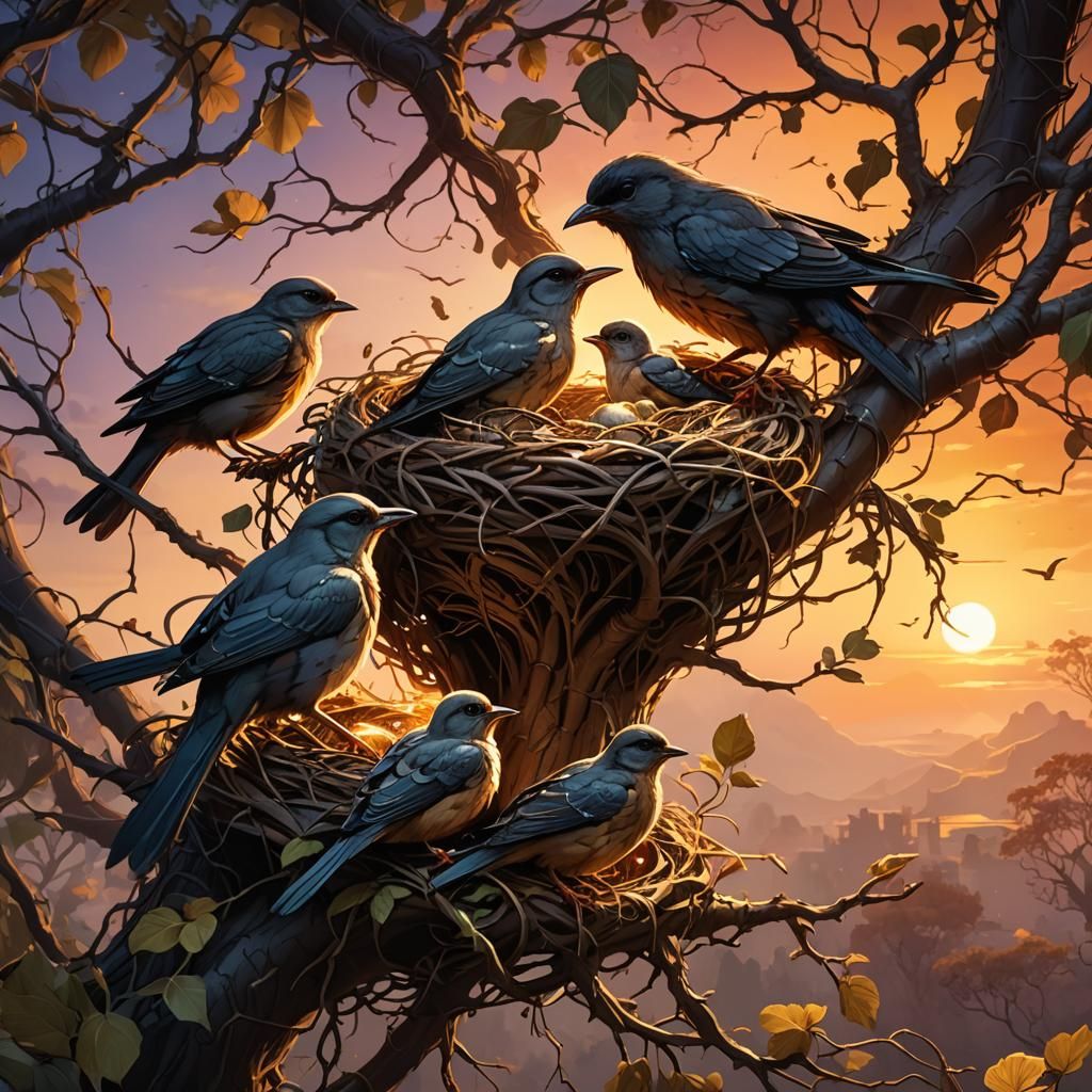 Birds in Nest at Sunset: Fantasy Illustration